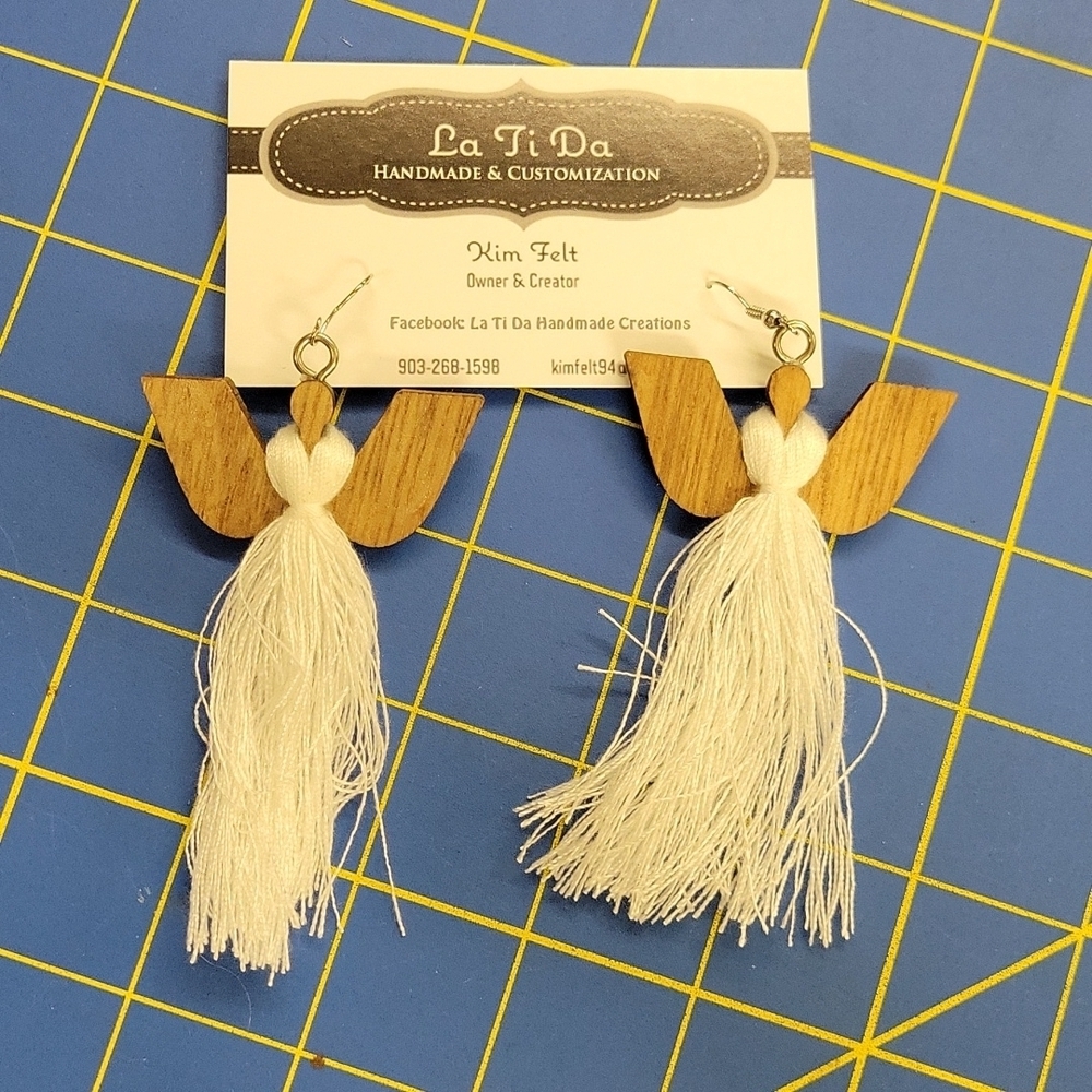 Tassel & Wood White Angel Earrings